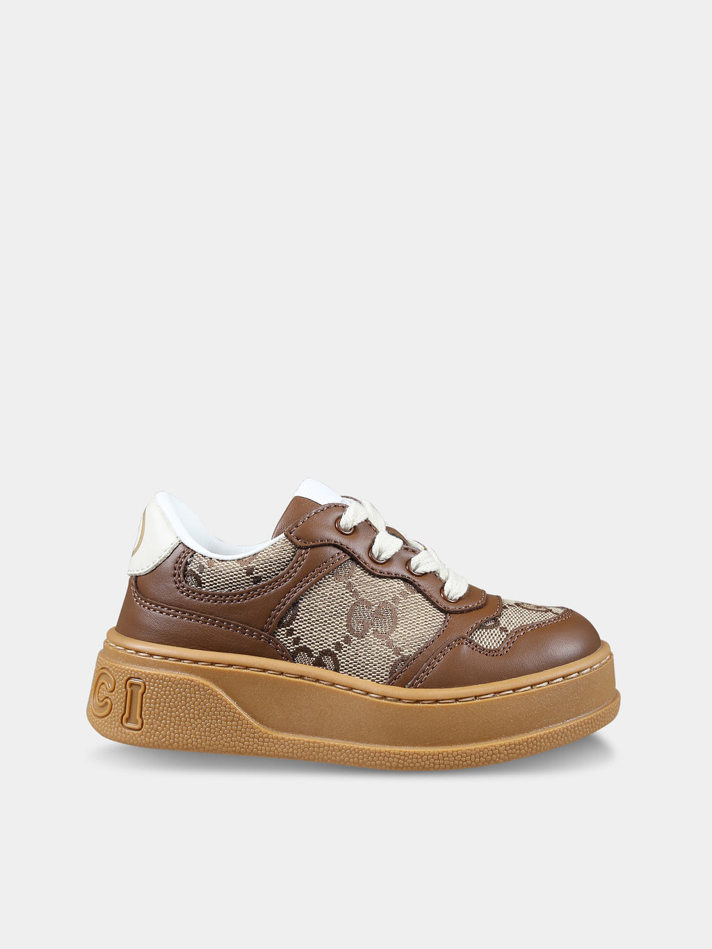 Brown sneakers for kids with iconic GG